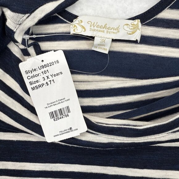Weekend Suzanne Betro Striped Top Tie Sleeves & Back Nautical Plus Size 3X NWT - Picture 7 of 10